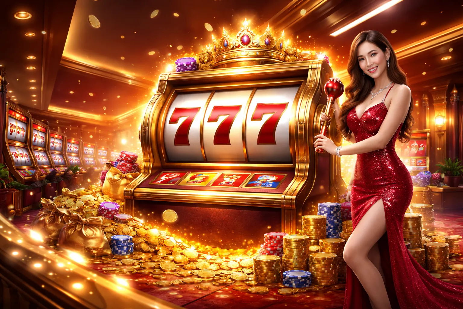 Máy đánh bạc rực rỡ với biểu tượng tiền vàng và jackpot lớn tại gacam67 đăng nhập